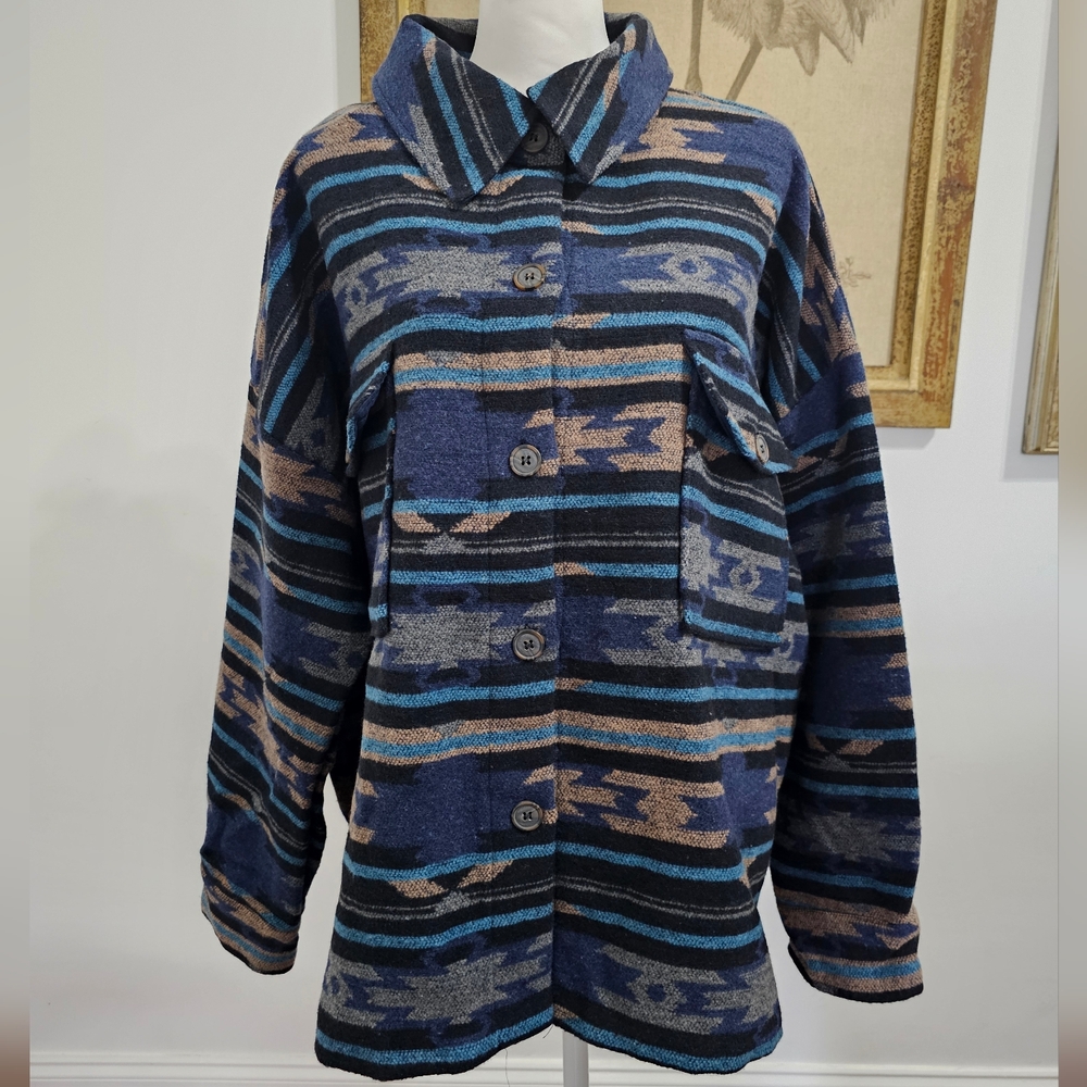 Western Aztec Blue Multicolor Pattern Shacket - Picture 2 of 11